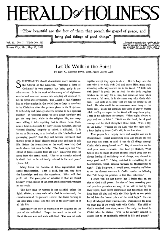 Front page of Herald of Holiness - May 17, 1922