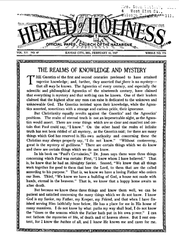 Front page of Herald of Holiness - February 16, 1927