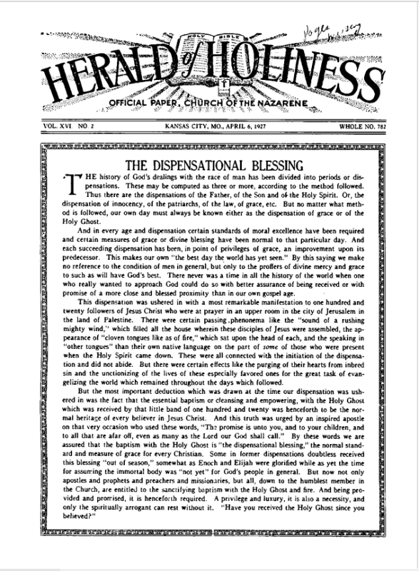 Front page of Herald of Holiness - April 6, 1927